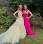 Ball Gown Sweetheart Tulle Sweep Train Prom Dresses With Appliques Lace