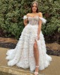 Ball Gown/Princess Off-the-shoulder Tulle Sweep Train Prom Dresses With Feathers / Fur