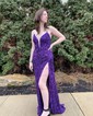 Sheath/Column V-neck Velvet Sequins Floor-length Prom Dresses With Split Front