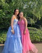 Ball Gown/Princess Sweetheart Tulle Glitter Sweep Train Prom Dresses With Appliques Lace