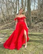 Ball Gown/Princess Off-the-shoulder Tulle Sweep Train Prom Dresses With Beading