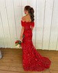 Trumpet/Mermaid Off-the-shoulder Lace Sweep Train Prom Dresses With Appliques Lace