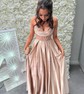 A-line V-neck Silk-like Satin Floor-length Prom Dresses With Beading