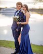 Trumpet/Mermaid V-neck Jersey Sweep Train Prom Dresses With Beading