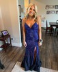 Trumpet/Mermaid V-neck Jersey Sweep Train Prom Dresses With Beading