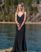 Trumpet/Mermaid V-neck Jersey Sweep Train Prom Dresses With Crystal Detailing