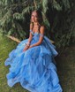 Ball Gown/Princess Off-the-shoulder Glitter Sweep Train Prom Dresses With Appliques Lace