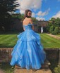 Ball Gown/Princess Off-the-shoulder Glitter Sweep Train Prom Dresses With Appliques Lace