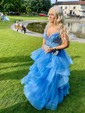 Ball Gown/Princess Off-the-shoulder Glitter Sweep Train Prom Dresses With Appliques Lace