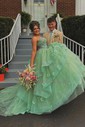 Ball Gown/Princess V-neck Organza Sweep Train Prom Dresses With Tiered