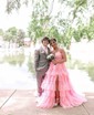 Ball Gown/Princess V-neck Tulle Glitter Sweep Train Prom Dresses With Tiered