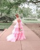 Ball Gown/Princess V-neck Tulle Glitter Sweep Train Prom Dresses With Tiered