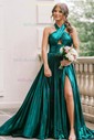 A-line Halter Metallic Floor-length Prom Dresses With Ruched