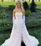 Ball Gown Straight Tulle Sweep Train Prom Dresses With Appliques Lace