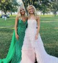 Ball Gown Straight Tulle Sweep Train Prom Dresses With Appliques Lace