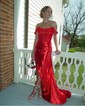 Elegant Red Satin Sheath/Column Appliques Ruched Prom Dresses