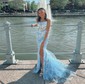 Sheath/Column Scoop Neck Tulle Glitter Sweep Train Split Front Prom Dresses