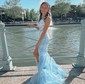 Sheath/Column Scoop Neck Tulle Glitter Sweep Train Split Front Prom Dresses