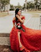 Ball Gown/Princess Off-the-shoulder Tulle Sweep Train Prom Dresses With Beading