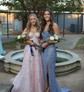 Ball Gown/Princess Off-the-shoulder Organza Glitter Sweep Train Prom Dresses With Appliques Lace