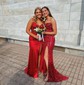 Trumpet/Mermaid V-neck Silk-like Satin Sweep Train Prom Dresses With Appliques Lace