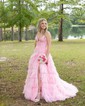 Ball Gown/Princess V-neck Tulle Glitter Sweep Train Prom Dresses With Tiered