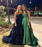 Ball Gown/Princess Straight Tulle Glitter Sweep Train Prom Dresses With Tiered