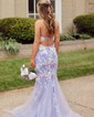 Sheath/Column Scoop Neck Tulle Glitter Sweep Train Split Front Prom Dresses