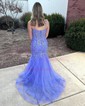 Trumpet/Mermaid V-neck Tulle Glitter Sweep Train Prom Dresses With Appliques Lace