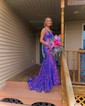 Trumpet/Mermaid V-neck Velvet Sequins Sweep Train Prom Dresses