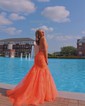 Trumpet/Mermaid V-neck Tulle Glitter Sweep Train Prom Dresses With Appliques Lace