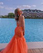 Trumpet/Mermaid V-neck Tulle Glitter Sweep Train Prom Dresses With Appliques Lace