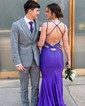 Trumpet/Mermaid V-neck Jersey Sweep Train Prom Dresses With Crystal Detailing