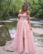 Ball Gown/Princess Off-the-shoulder Glitter Floor-length Prom Dresses With Appliques Lace