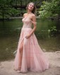 Ball Gown/Princess Off-the-shoulder Glitter Floor-length Prom Dresses With Appliques Lace