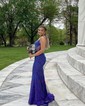 Trumpet/Mermaid V-neck Jersey Sweep Train Prom Dresses With Crystal Detailing