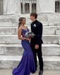 Trumpet/Mermaid V-neck Jersey Sweep Train Prom Dresses With Crystal Detailing