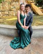 Trumpet/Mermaid V-neck Jersey Sweep Train Prom Dresses With Crystal Detailing