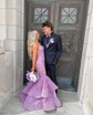 Trumpet/Mermaid V-neck Organza Sweep Train Prom Dresses With Appliques Lace