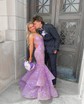 Trumpet/Mermaid V-neck Organza Sweep Train Prom Dresses With Appliques Lace