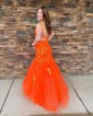 Trumpet/Mermaid V-neck Glitter Sweep Train Prom Dresses With Appliques Lace