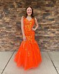 Trumpet/Mermaid V-neck Glitter Sweep Train Prom Dresses With Appliques Lace