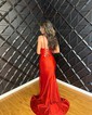 Trumpet/Mermaid Square Neckline Silk-like Satin Sweep Train Prom Dresses With Ruched