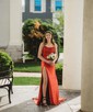 Sheath/Column Strapless Silk-like Satin Sweep Train Prom Dresses With Split Front