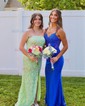 Trumpet/Mermaid V-neck Jersey Sweep Train Prom Dresses With Crystal Detailing