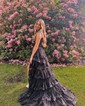 Ball Gown/Princess Off-the-shoulder Tulle Sweep Train Prom Dresses With Tiered