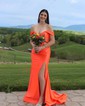 Trumpet/Mermaid Off-the-shoulder Silk-like Satin Sweep Train Prom Dresses With Ruched