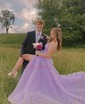 Ball Gown/Princess Sweetheart Tulle Sweep Train Prom Dresses With Appliques Lace