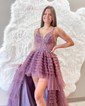 A-line V-neck Tulle Asymmetrical Prom Dresses With Appliques Lace