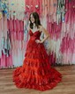 Ball Gown/Princess V-neck Tulle Sweep Train Prom Dresses With Appliques Lace